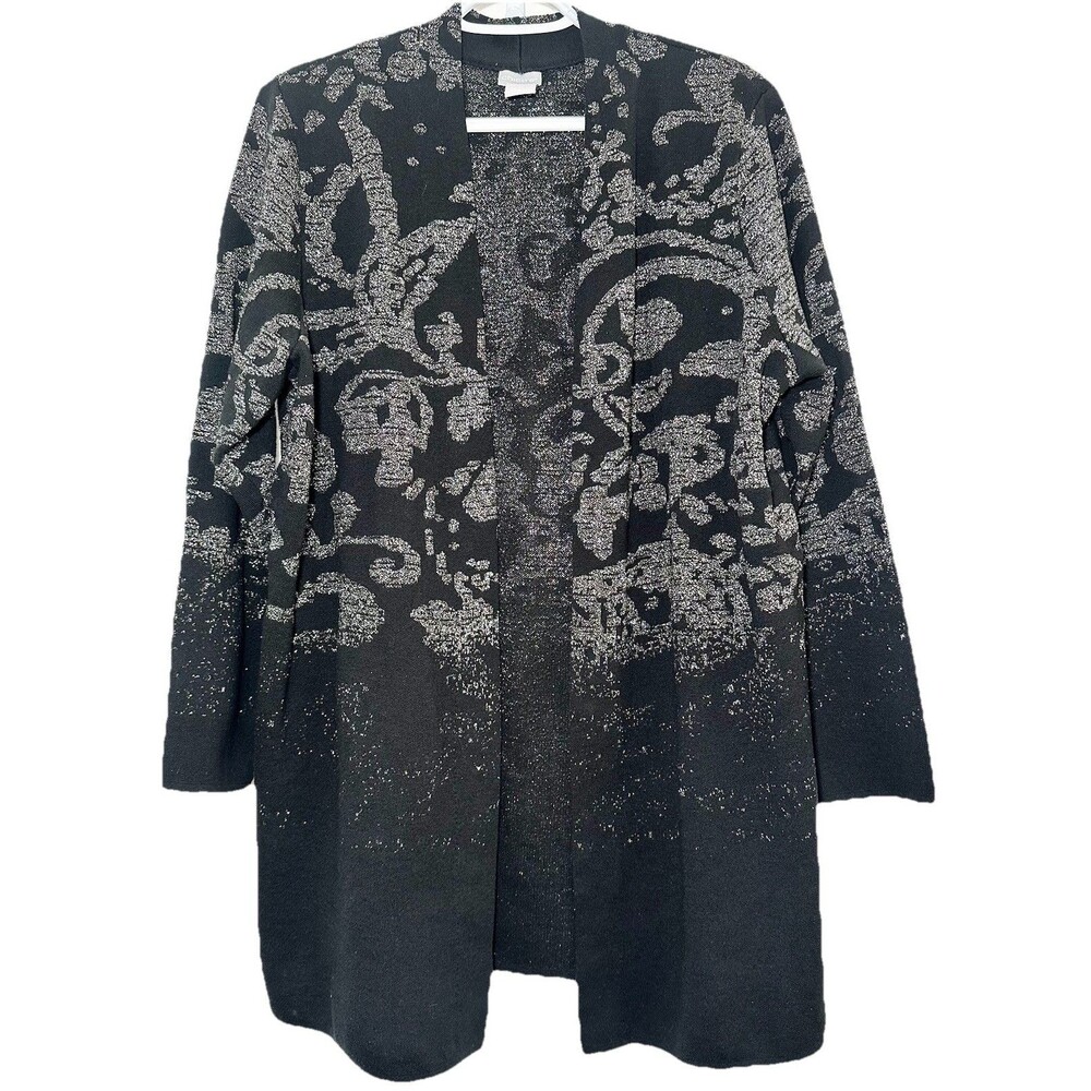 Chico’s Black Silver Metallic Scroll Open Front Long Cardigan Sweater XL